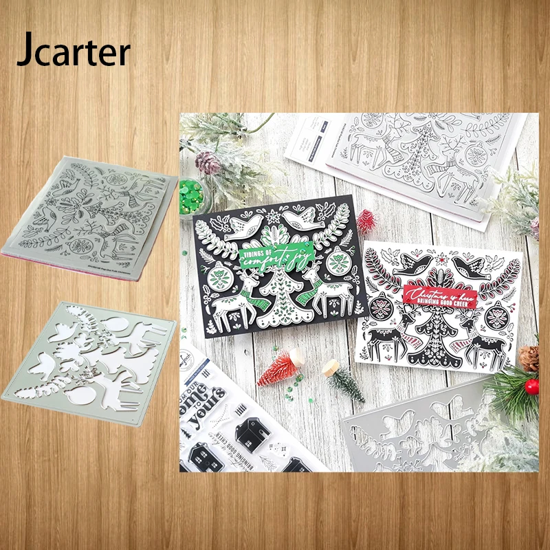 

Elk Branch Pigeons Christmas Tree Metal Cutting Dies and Rubber Clear Stamps Stencil Craft Scrapbooking Embossing Make Template