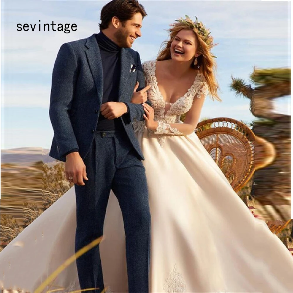 

sevintage Ball Gown Sexy Deep V Neck Satin Bride Dress Full Sleeves Wedding Gowns abendkleider Bridal Dresess mariage