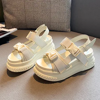 

White Leather Flat Platform Sandals Summer Wedge Sandals Girl's Fashion Buckle Strap Open Toe Beach Shoes