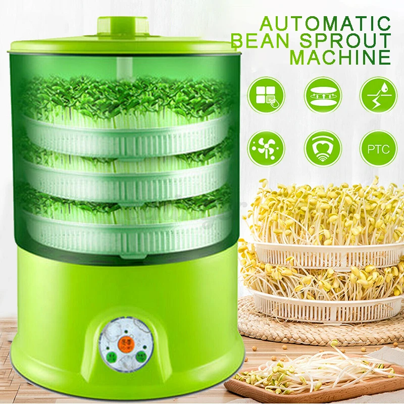 

220V Bean Sprouts Maker Homemade 3-Layers Automatic Bean Sprouts Machine Thermostat Green Vegetable Seedling Growth Bucket