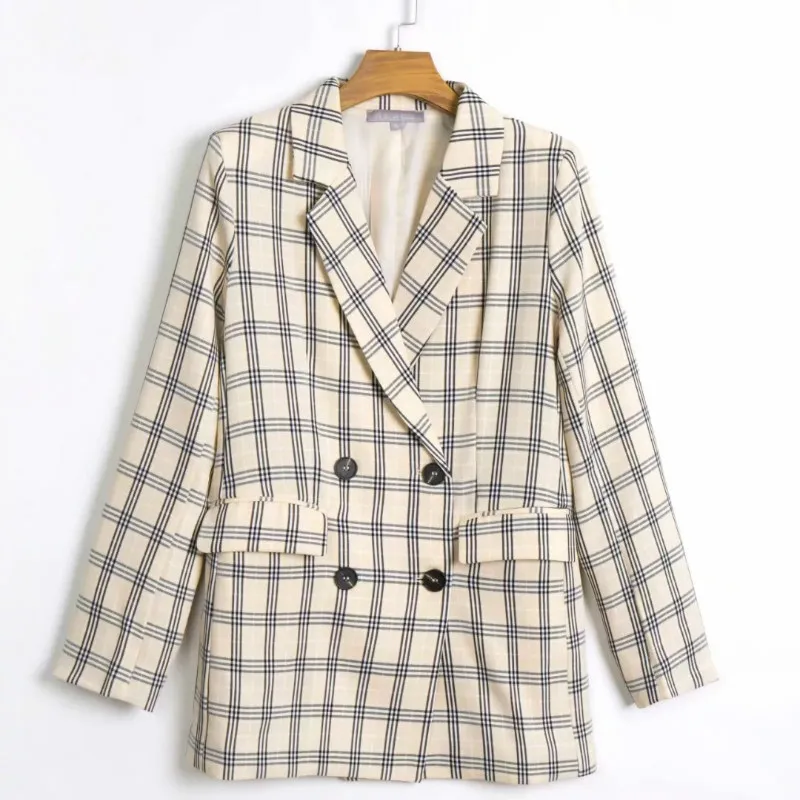 

Fashion retro ladies jacket suit 2019 new autumn casual double-breasted plaid women's blazer Loose office suit female