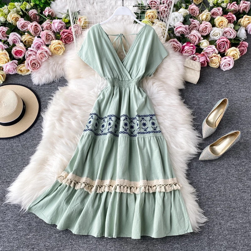 Embroidery Dress Vintage Boho White Summer Tassel Elegant Beach Dresses 2020 Floral Bohemian Clothes Red Mori Girl Vestido | Женская