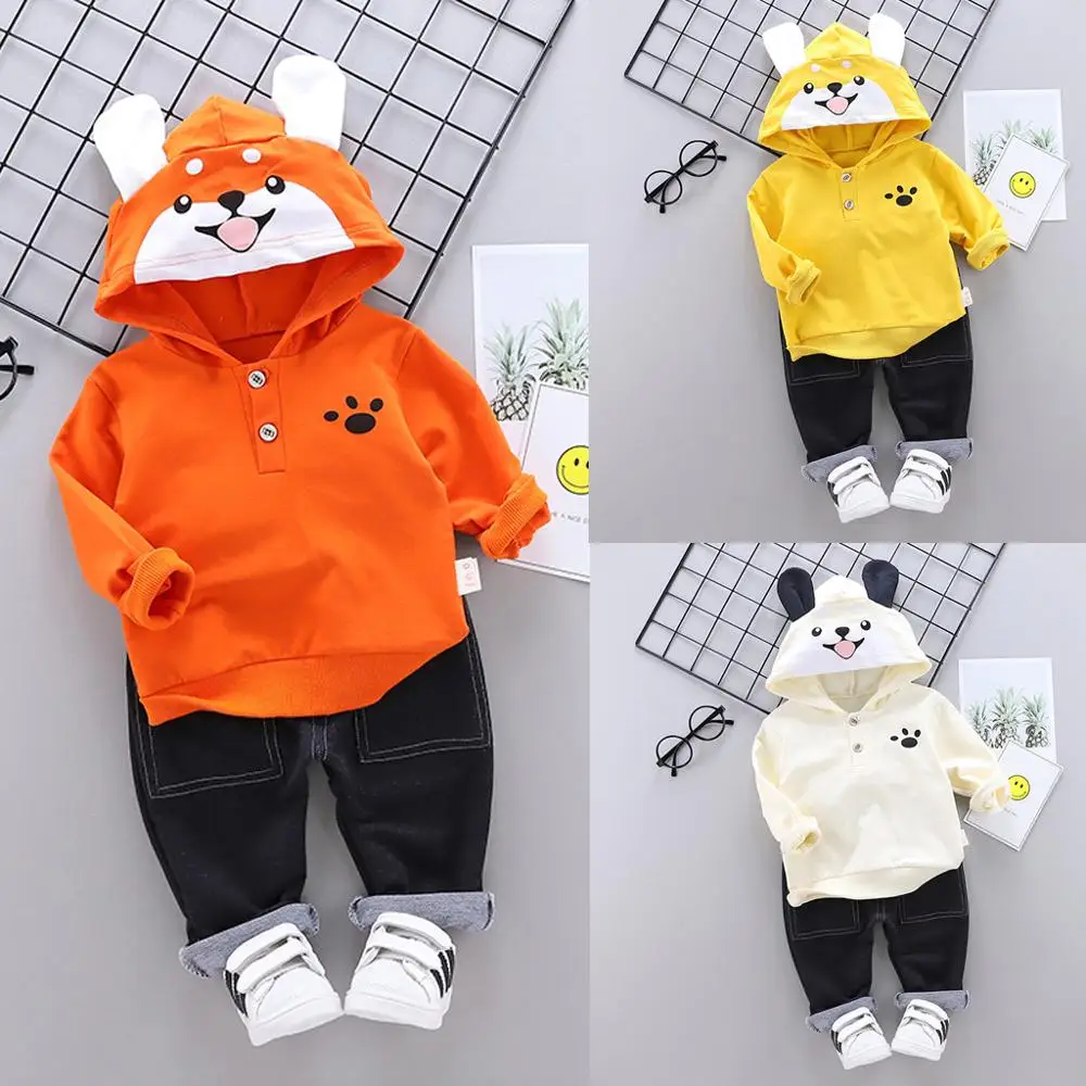 Одежда для маленьких мальчиков 2019 г., новый милый детский свитер с длинными рукавами и капюшоном с изображением животных + штаны, комплект