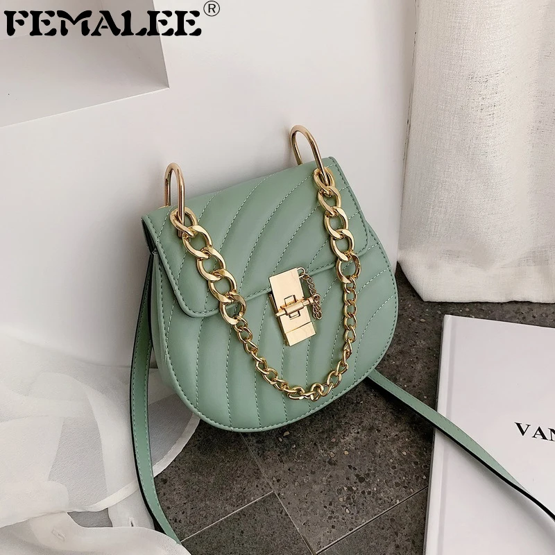 

Women Chains 2019 New Solid Thread Saddle Bag Lady Trendy High Quality PU Leather Shoulder Bag Female Lock Cross Body Bag Bolsa