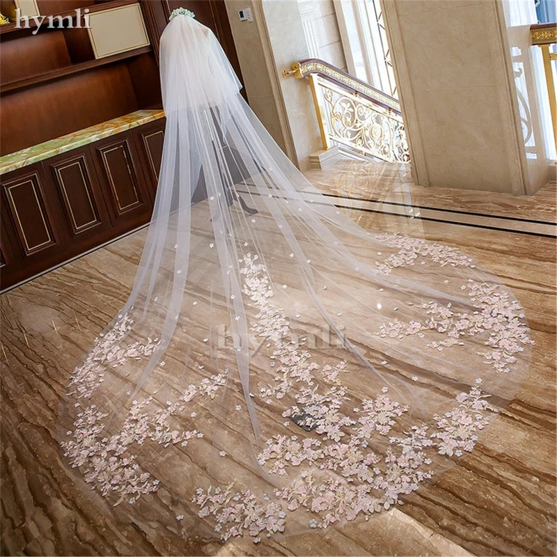 

White , Off-White ,Ivory Tulle Wedding Veil with Pink Lace Applique, Long Bridal Veil, 2 Layers