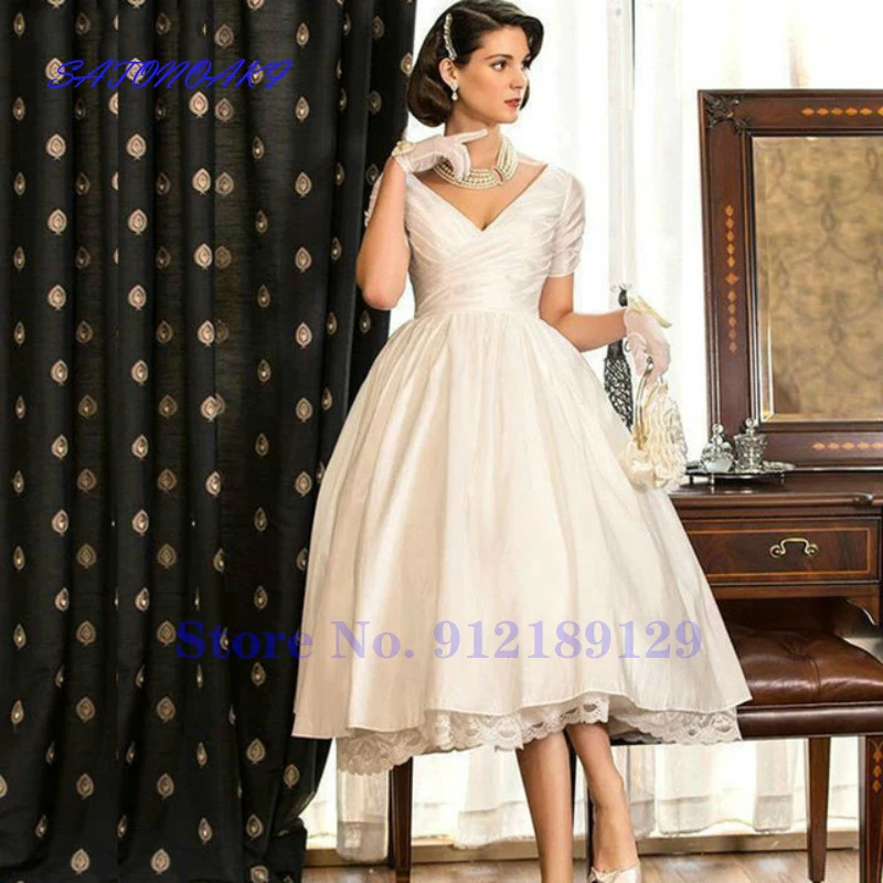 dresses for wedding Vestido De Novia New Vintage A-Line Wedding Dress V-Neck Short Sleeve Tea Length Bridal Gown Robe De Mariée Sukienka Online Shop bridal dresses