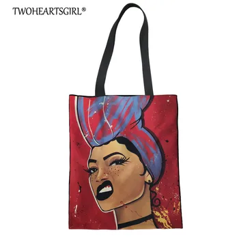 

Twoheartsgirl African Black Girl Art Shopping Bag Women Canvas Handbag Shoulder Bags Afro Lady Printed Foldable Portable Bags