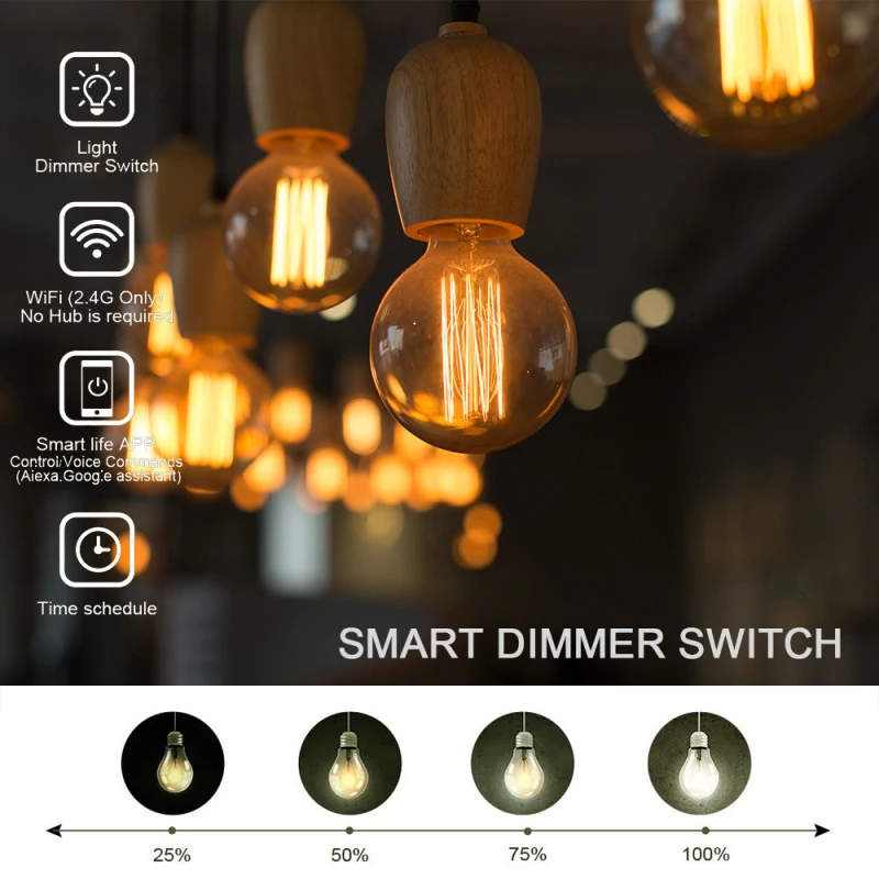 Smart Life/tuya APP, умный Wi-Fi бесступенчатый диммер, США Тип, поддержка лампы, Макс. 150 Вт, Диммируемый светодиодный, без концентратора, Alexa, google home