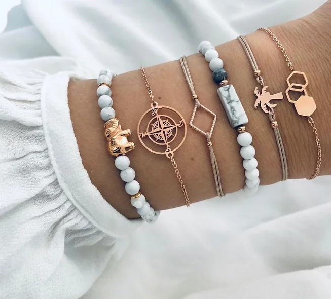 6 шт./партия браслеты в богемном стиле, модный браслет в виде слона, драгоценного камня, компаса, подвеска кокос, веревочный браслет, набор женских шармов, ювелирные изделия, аксессуары