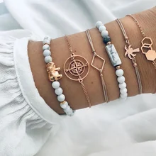 6 шт./партия браслеты в богемном стиле, модный браслет в виде слона, драгоценного камня, компаса, подвеска кокос, веревочный браслет, набор женских шармов, ювелирные изделия, аксессуары