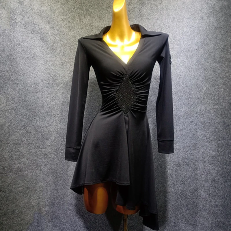 New Latin Dance Long Sleeve Dress Black Lapel Dance Dress ChaCha Rumba Tango Dress Dance Wear Competition Costume VDB1073 - Цвет: Dress
