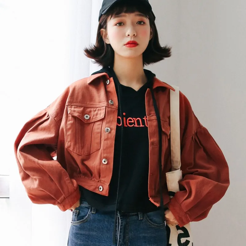 Best  New Fashion Orange Female Jacket Bomber Jackets Jeans Jacket Women Loose Lantern Sleeves Women's De