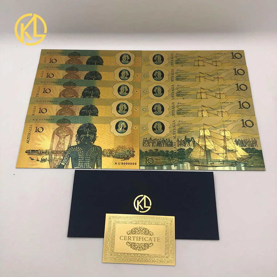Австралия 10 долларов Золотая банкнота покрытая красочными AUD 100 50 20 10 5 долларов Золотая фольга коллекция банкнот - Цвет: 10 AUD