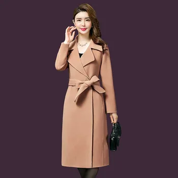

Woman Coats Winter Wool Long Coat With belt Office Lady Fashion lace Up Coats Outerwear Woolen