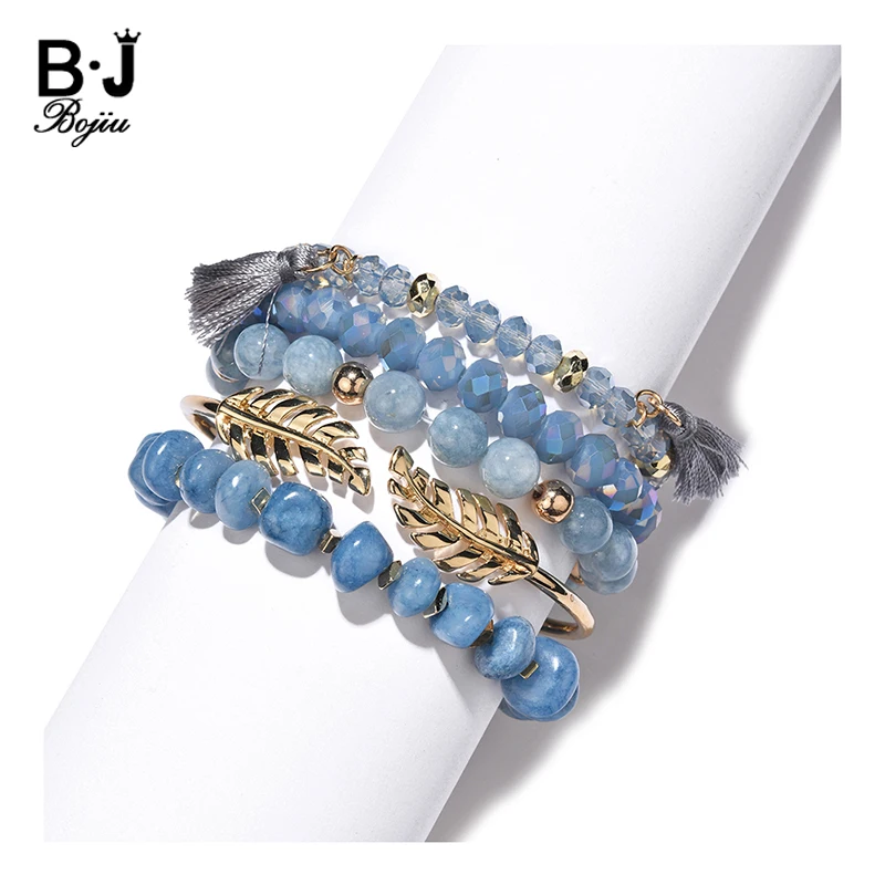 NEW Fashion Multilayer Women Bracelets & Bangles Golden Leaf Open Cuff Natural Stone Crystal Bracelet Set Lady Jewelry BCSET320
