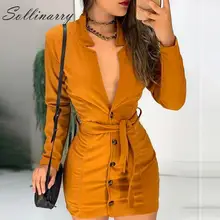 Sollinarry สีเหลืองชุดมินิเซ็กซี่ผู้หญิง 2019 แขนยาวปุ่ม OL Office Slim Party ชุด Femmale สูงเอวชุดฤดูหนาว(China)