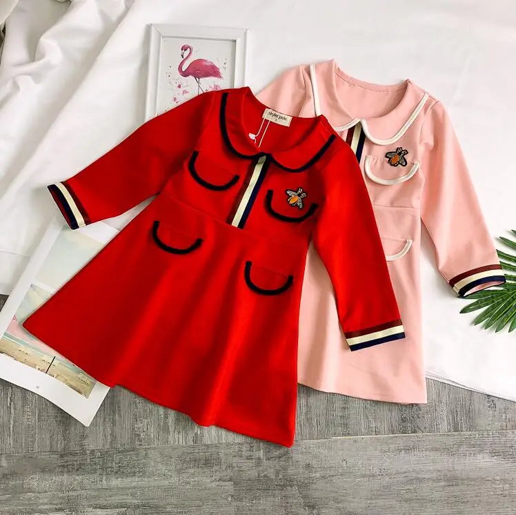 

Fashion New Brand Princess Baby Girl Christmas Stripe Dress Party Wedding Kid Dress Thanksgiving Bee Embroidery Baby Clothes
