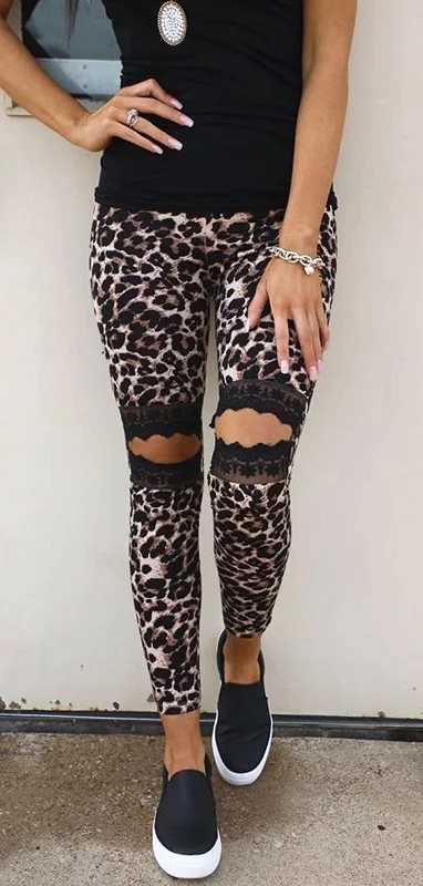 

Women Leopard Printed Tight Leggings, Cut Out Knee Lace Trim Stretchy Slim Long Pants