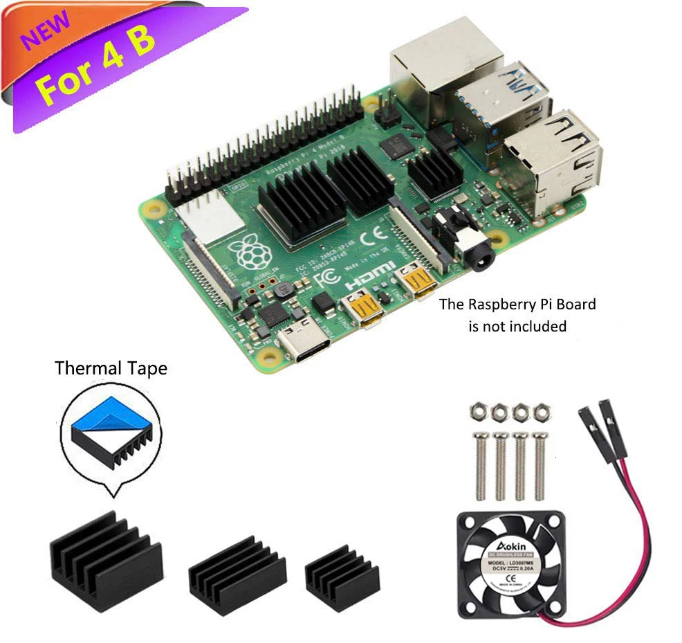 Raspberry Pi 4 вентилятор, Raspberry Pi 4 Размер радиатора комплект охлаждения с 8810 Теплопроводящая клейкая лента для Pi 4 Модель B/Pi 4B