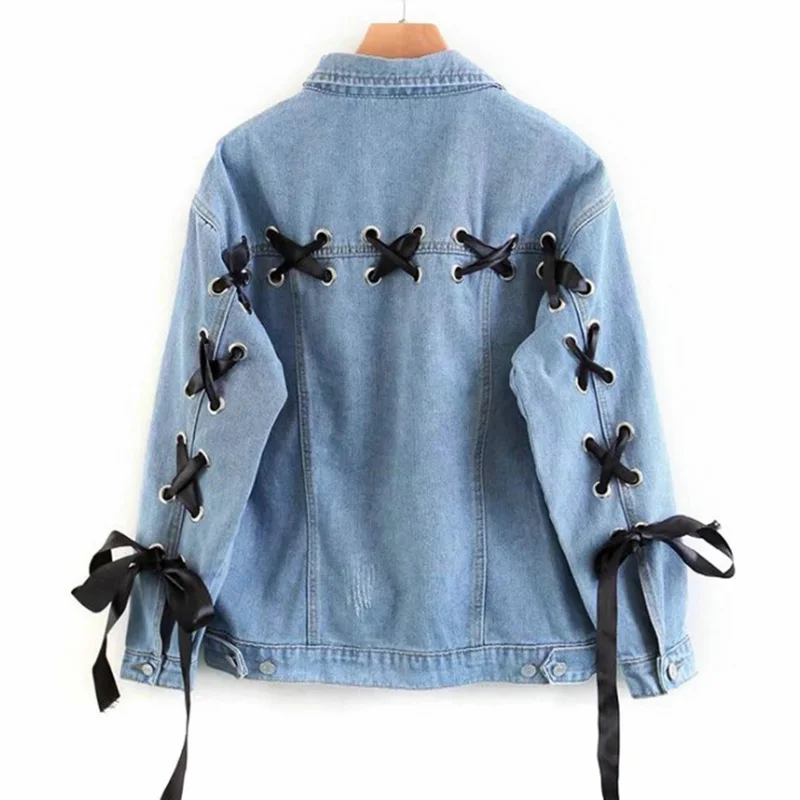 

Diwish Cute Demin Women Jacket Female Full Jeans Bow-knot Korean Coat Streetwear Stripe Leisure Girl Autumn Tops