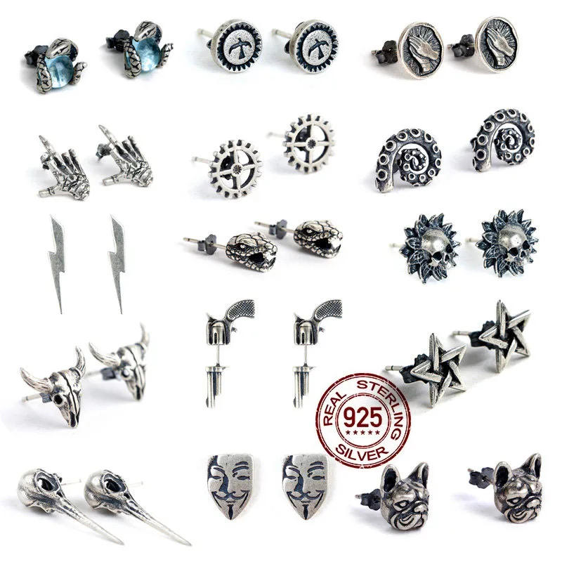 

HelloLook Gothic 925 Sterling Silver Ear Studs for Men Women Punk Stud Earrings Skull Animal Earrings Piercing Jewelry Wholesale