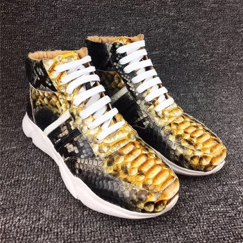 

Autumn/Winter Designer Authentic Real Python Leather Men's Casual Sneakers Exotic Genuine Snakeskin Male Lace-up High Lift Shoes