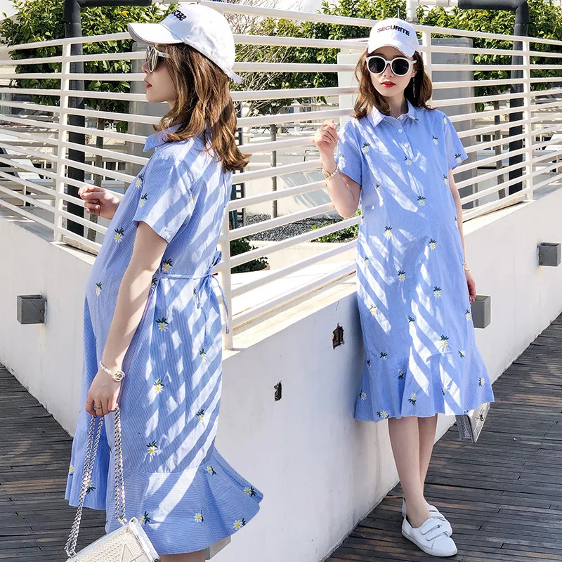 

2019 New Style Maternity Clothes Korean-style Fashion Stripes Embroidery Large Size Mid-length Maternity Clothes Dress
