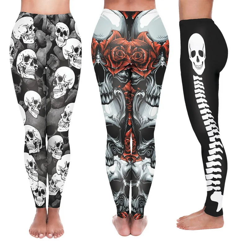 Skull Print Women Fitness Leggings Slimming High Waist Training Pants Pish Up Stretch Running Wear Sports Workout Breathable