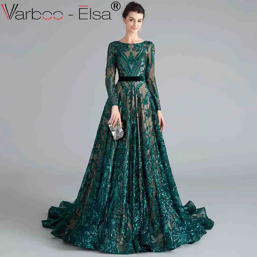 as pic VARBOO_ELSA green Robe De Soiree Длинные вечерние платья с длинными рукавами и поясом, торжественное платье с блестками, женские вечерние платья - Цвет: as pic