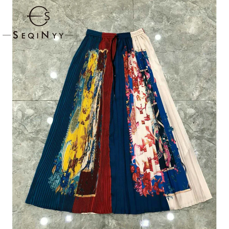 

SEQINYY Pleat Skirt 2020 Summer Spring New Fashion Design Women Elastic Waist Colorful Flowers Vintage Print Long Skirt
