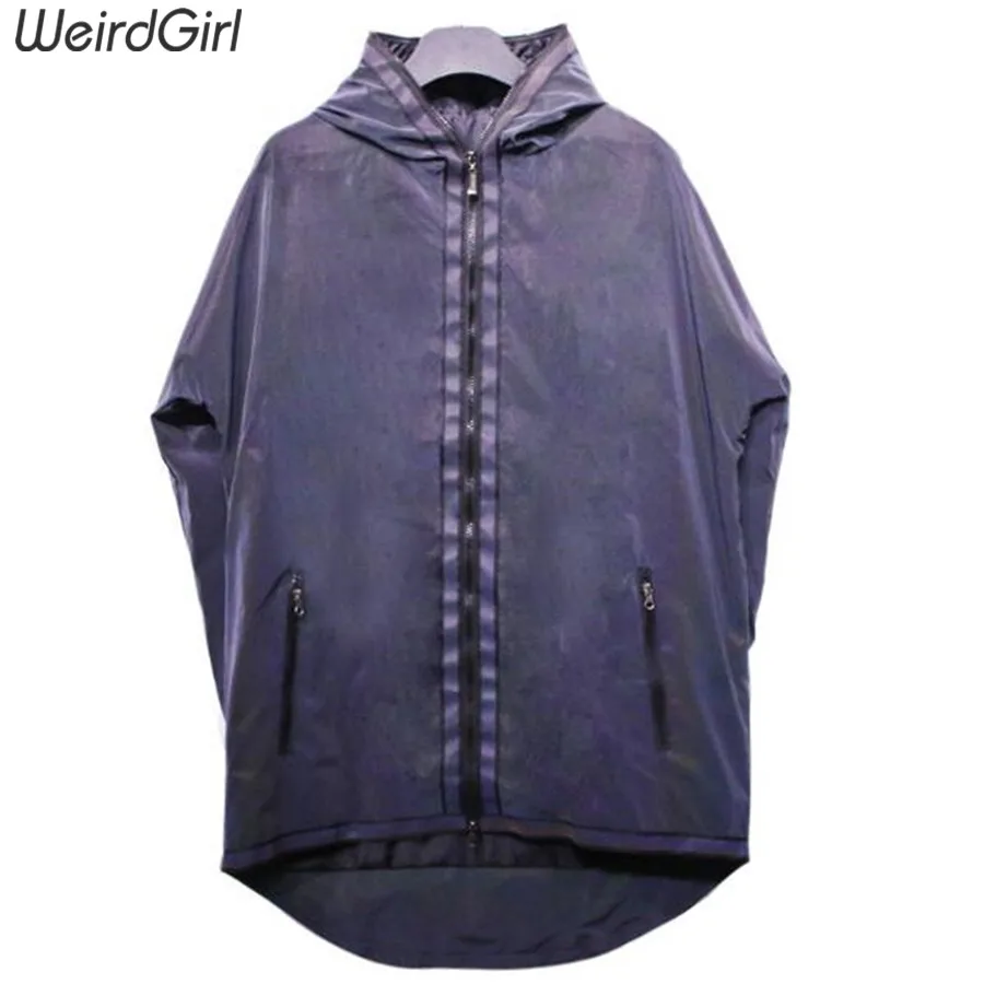 Weirdgirl/осеннее Новое Радужное светоотражающее пальто на молнии с карманами; яркая крутая куртка в стиле хип-хоп для уличных танцев; индивидуальная одежда с капюшоном