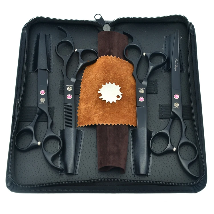 

7" Dog Hair Trimmer Black Stainless Steel Pet Grooming Scissors Set Puppy Straight&Curved Cutting Tesoura Thinning Shear LZS0371