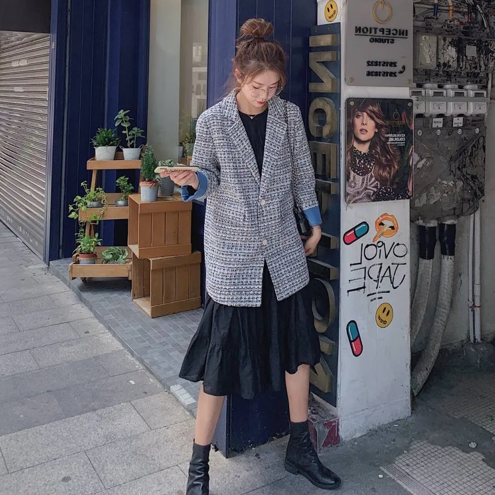 

Photo Shoot Main Push CHIC Retro Blue Braided Pattern Graceful Single Breasted Loose-Fit Versatile Suit Jacket Women's Autumn