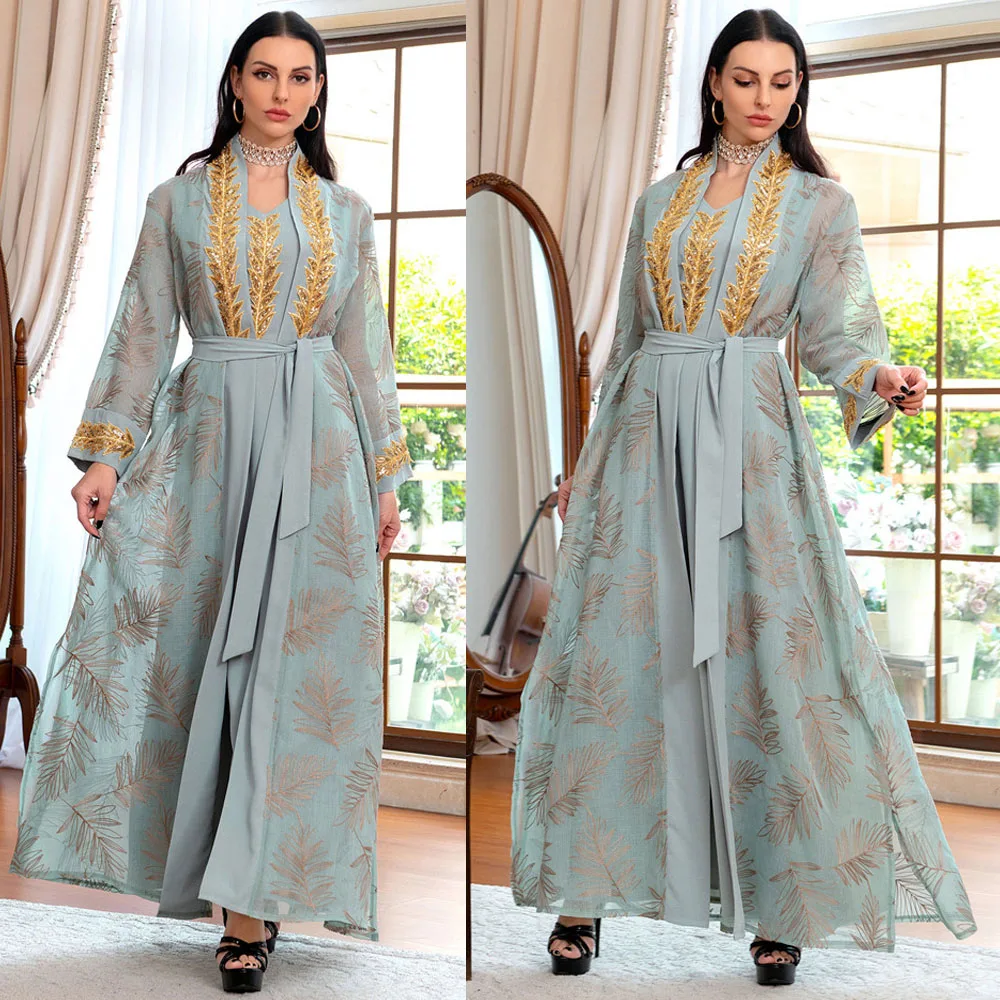 

Muslim Indian Anarkali Suits For Woman Kuwaiti Dubai Daily Party Gown Fashion Long Sleeve Belted Clothing 2 Pieces Set Abayas