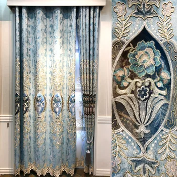 

European Luxury Embroidered Blue for Living Room Bedroom Balcony Bay Window Curtain Window Screen