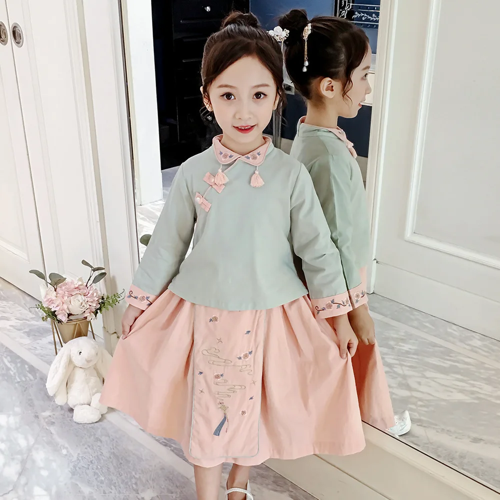 Мода года, осенние детские костюмы Hanfu для девочек топы с цветочной вышивкой и кисточками+ юбки для маленьких девочек, комплект из 2 предметов для детей от 2 до 8 лет