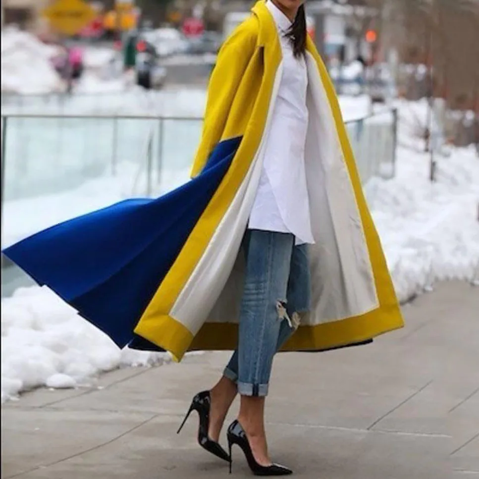 Пальто с отворотами, однотонная ткань, ветровка, шерстяное пальто, длинное Свободное пальто в стиле пэчворк желтого и синего цвета, осенне-зимнее пальто