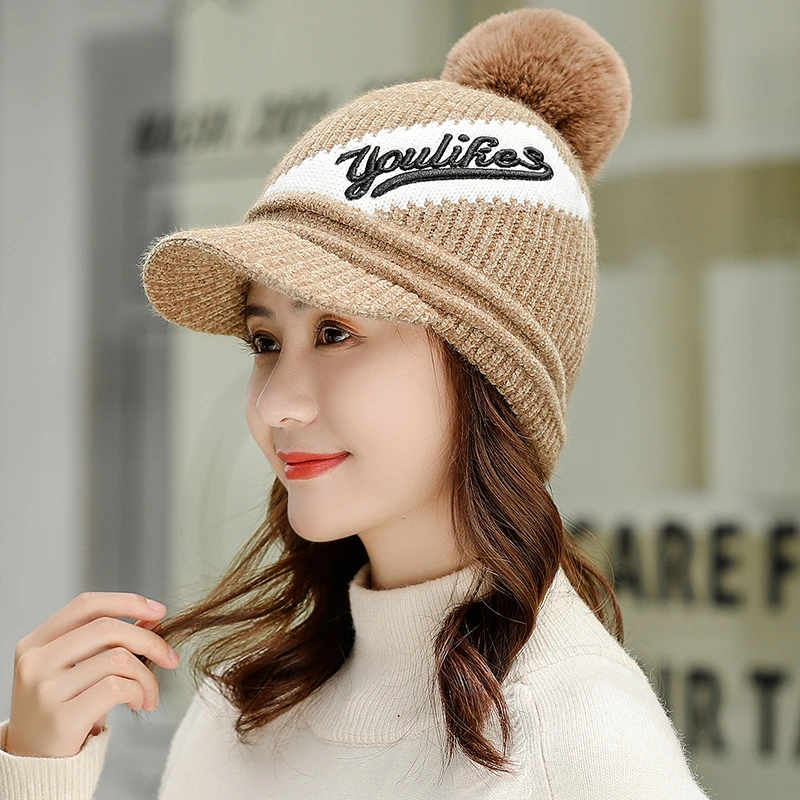 only hat Новые зимние шапки женская вязаная шапка теплая меховая шапка с помпонами шапка черепки шапочки для девочек высокого качества маска для девочек шапки - Цвет: only hat