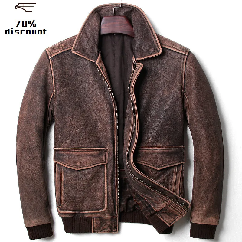 

2020 Vintage Brown Men A2 Pilot Leather Jacket Wool Collar Size XXL Genuine Thick Cowhide Russian Aviator Coat FREE SHIPPING