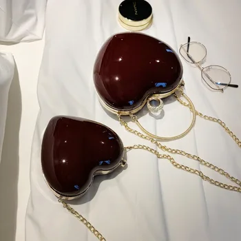 

2020 New Summer Women Burgundy Heart Bag Clutch Evening Bags Gold Chain Shoulder Bags Girls Handbags Purses For Ladies Party Bag