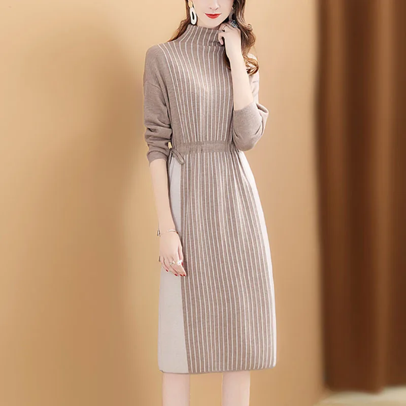 

Winter Base Dress 2018 New Style Women's Elegant Stripes Lace-up Waist Hugging Mid-length over-the-Knee Knitted Dress Fashion
