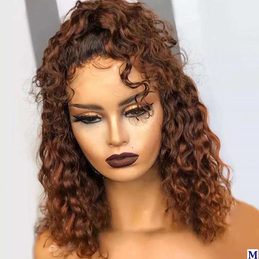 Mongolian-Short-Bob-Curly-Human-Hair-Wigs-Ombre-Dark-Blonde-High-Ponytail-150Density-Silk-Top-Full