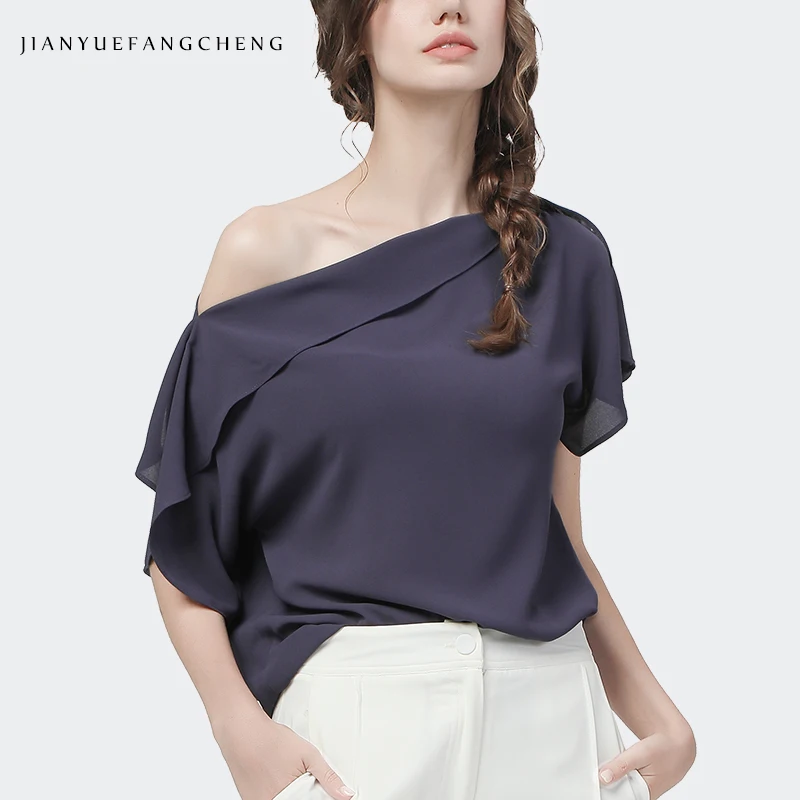 

Sexy Off Shoulder Chiffon Top Women Slash Neck Short Sleeve Loose Summer Blouses Purple Fashion Elegant Clavicle Exposed Shirts