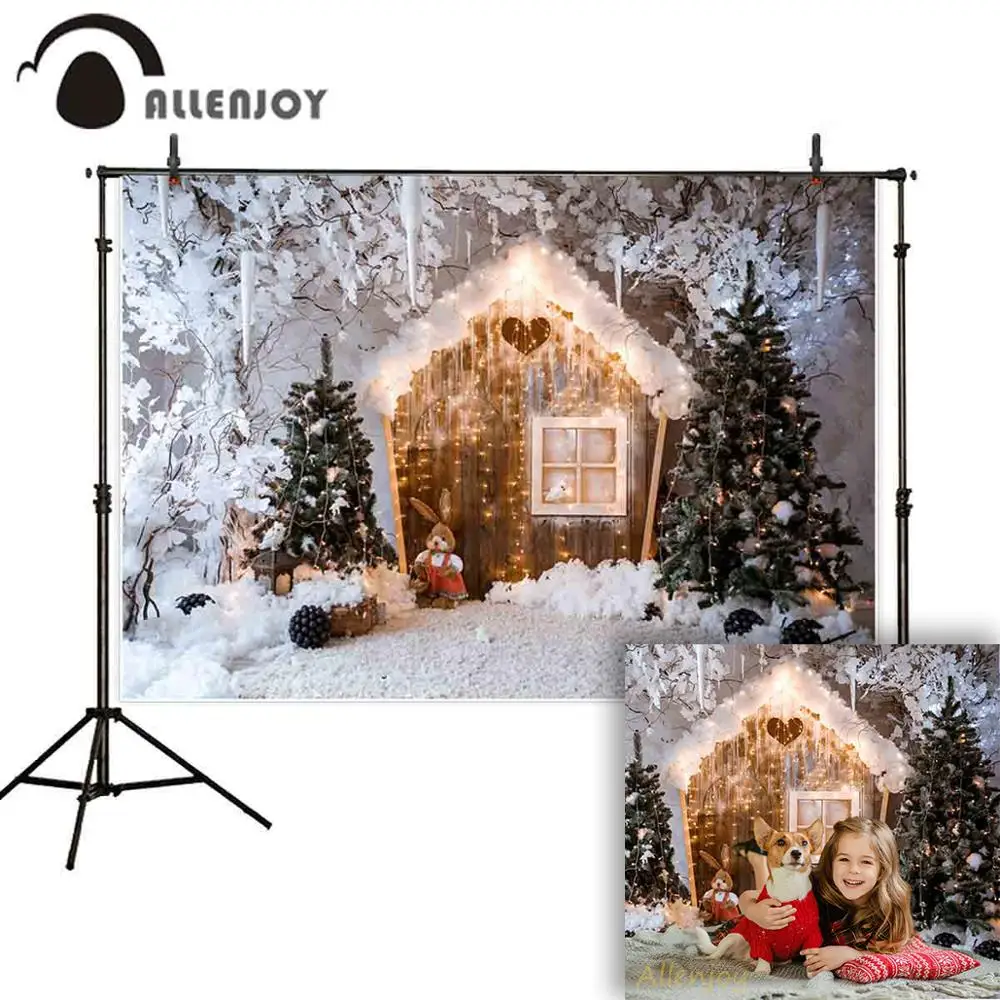 

Allenjoy photophone background New year Christmas winter snow tree wood house glitter light child backdrop photography photocall