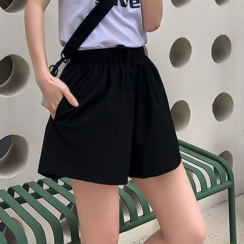 fashion shorts Korean ins Harajuku pure color loose high waist casual wide-leg pants vintage women's street style shorts