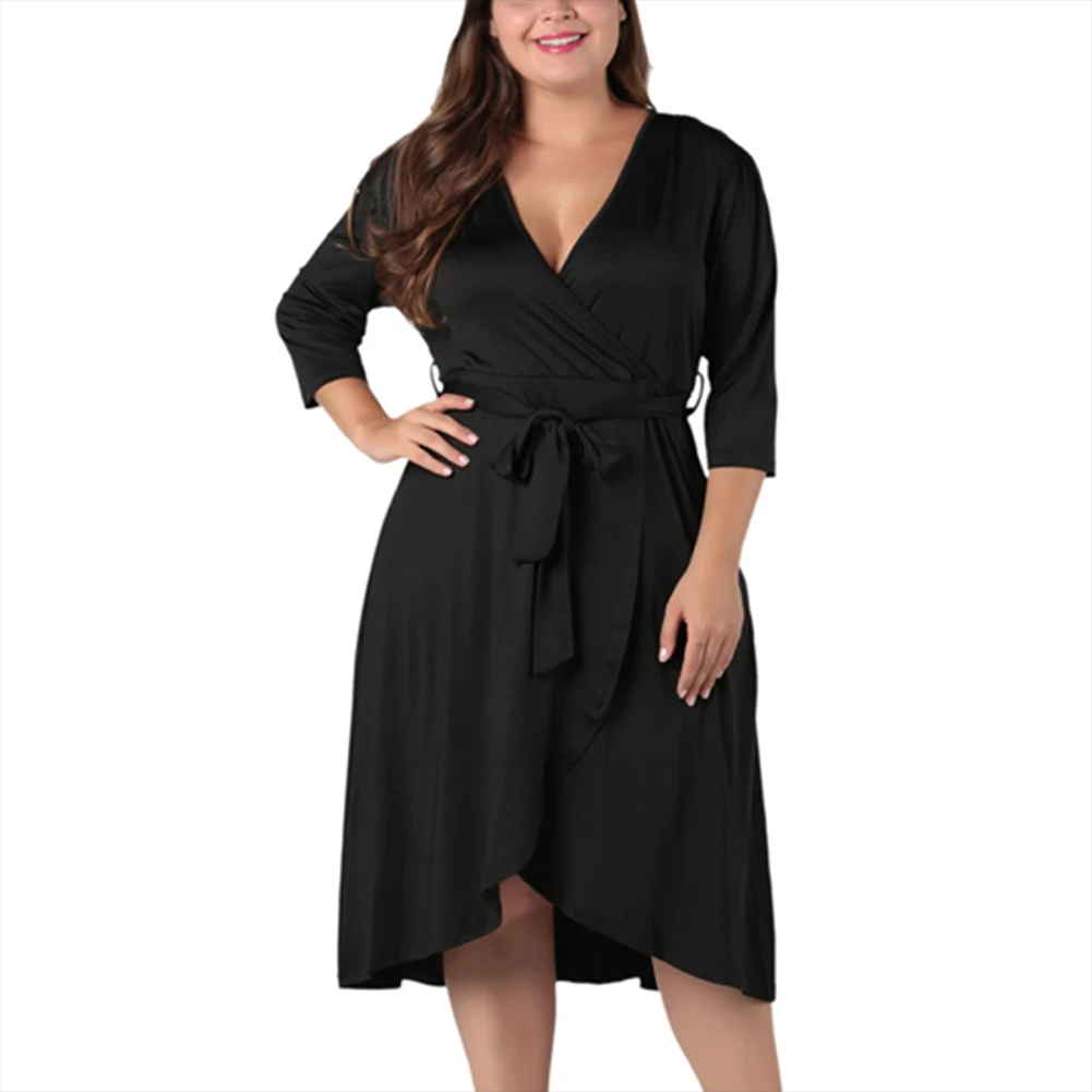 Autumn Plus Size Dress For Women Long Sleeve V Neck Black Basic Slim Dresses With Waist Belt Casual Party Dresses Vestidos