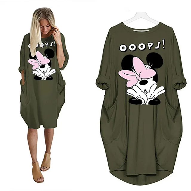 Disney Plus Size Midi Dress Long Sleeve Robe Casual Minnie Mickey Mouse Print Beach Loose Dresses Kawaii Sundress Women Clothing D002L1687 Green