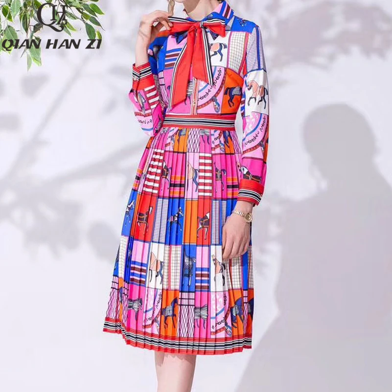 

Qian Han Zi 2019 New Designer Runway Fashion Women Dress Long sleeved bow pattern Print slim pleated fashion elegant dress