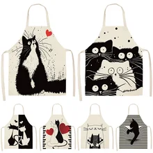 Apron Cute Baking-Accessories Linen Cat-Printed Kitchen Cooking Women Cotton Sleeveless