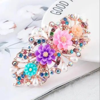 

Fashion Alloy Barrettes Flower Resin Pearls Crystal Hair Clip For Women Colorful Large Size Ponytail Strong Holder Hair Pins